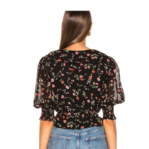 NWT GANNI Elm Floral Print Georgette Wrap Top, Black Size 38 (US 6) - Picture 3 of 7